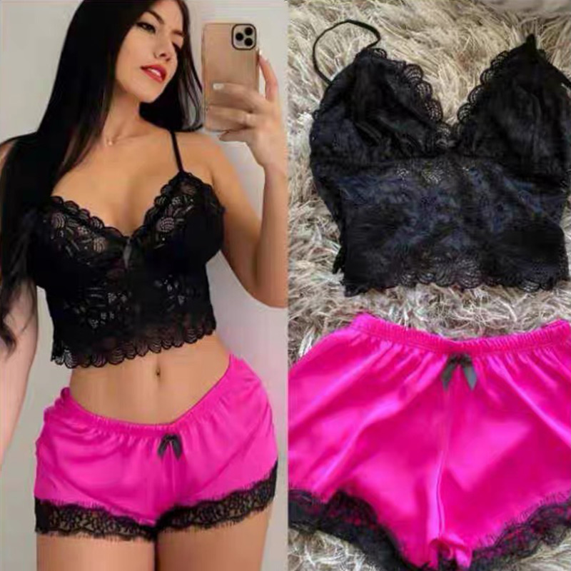 Lace Bralette Set - Women's 2 Piece Sexy Lace Pajama