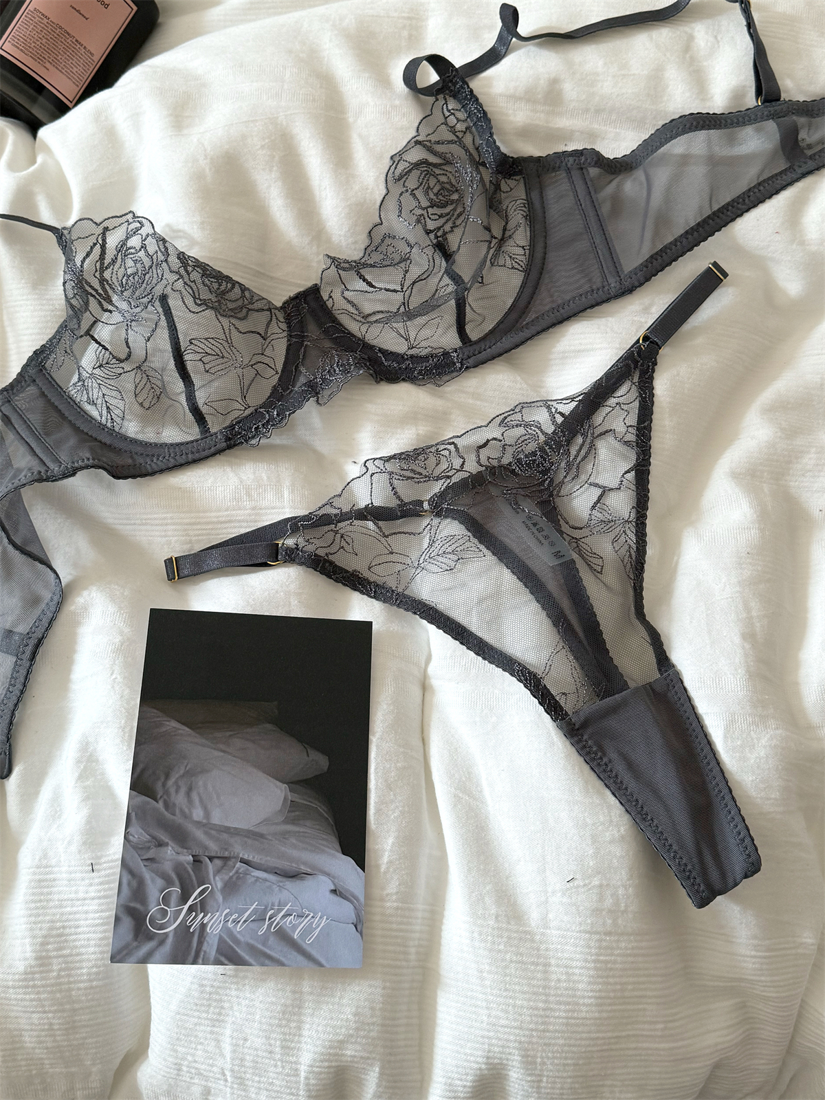 Lace Bralette Set - Lace embroidered flowers mesh lingerie briefs
