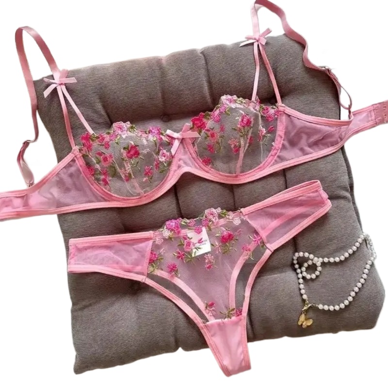 2pcs Set Sweet Mesh Lace Flowe - مراجعة Plunge Bra Push Up وسعره