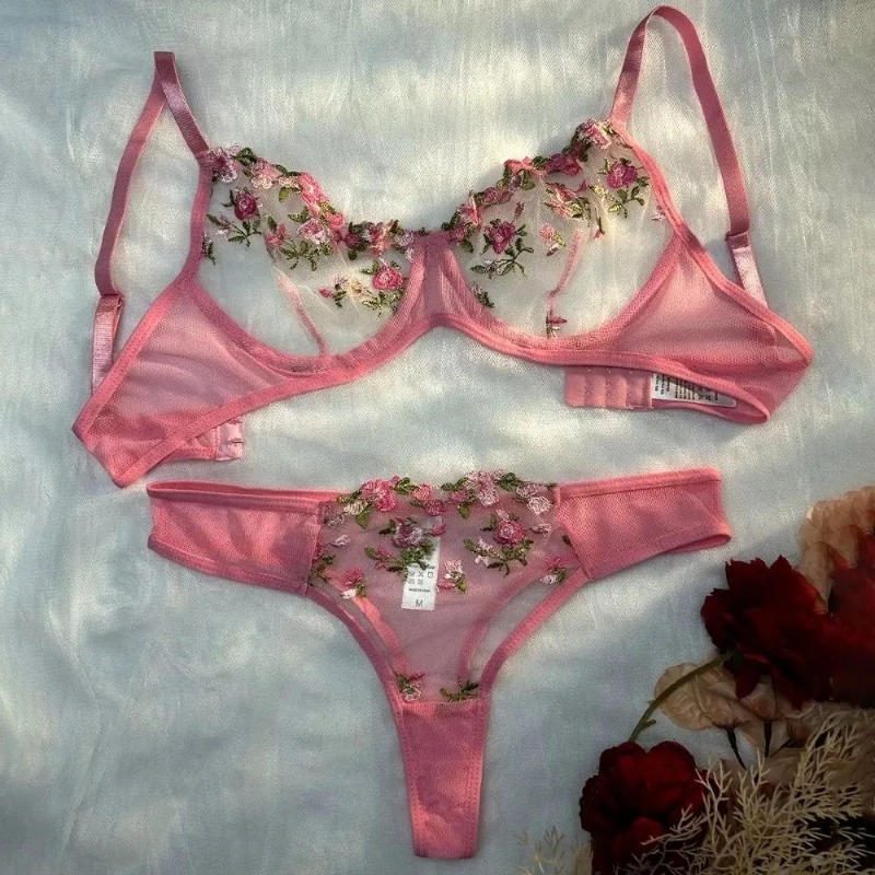 2pcs Set Sweet Mesh Lace Flowe - مراجعة Plunge Bra Push Up وسعره