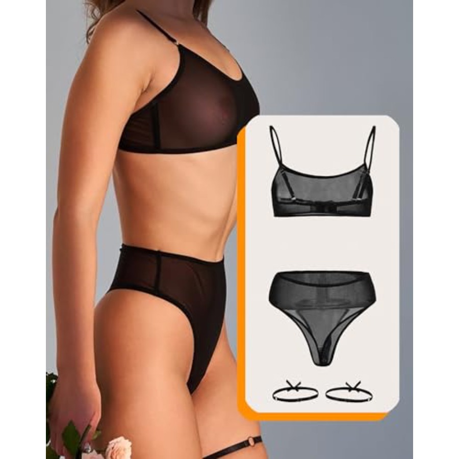 Women's Mesh Solid Sheer See T - مراجعة Plunge Bra Push Up وسعره