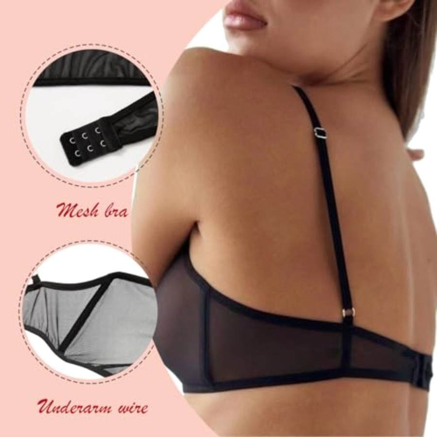 Women's Mesh Solid Sheer See T - مراجعة Plunge Bra Push Up وسعره