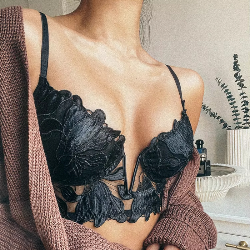 2 Pieces Sexy Lace Flowers Emb - مراجعة Plunge Bra Push Up وسعره